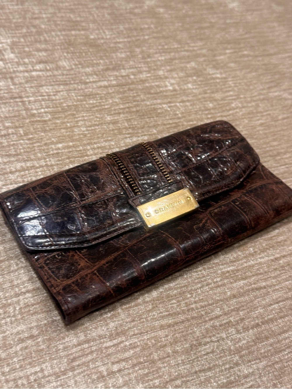 Brahmin Dark Brown Croc-Embossed Leather Flap Wallet with Gold Plaque - Picture 6 of 6